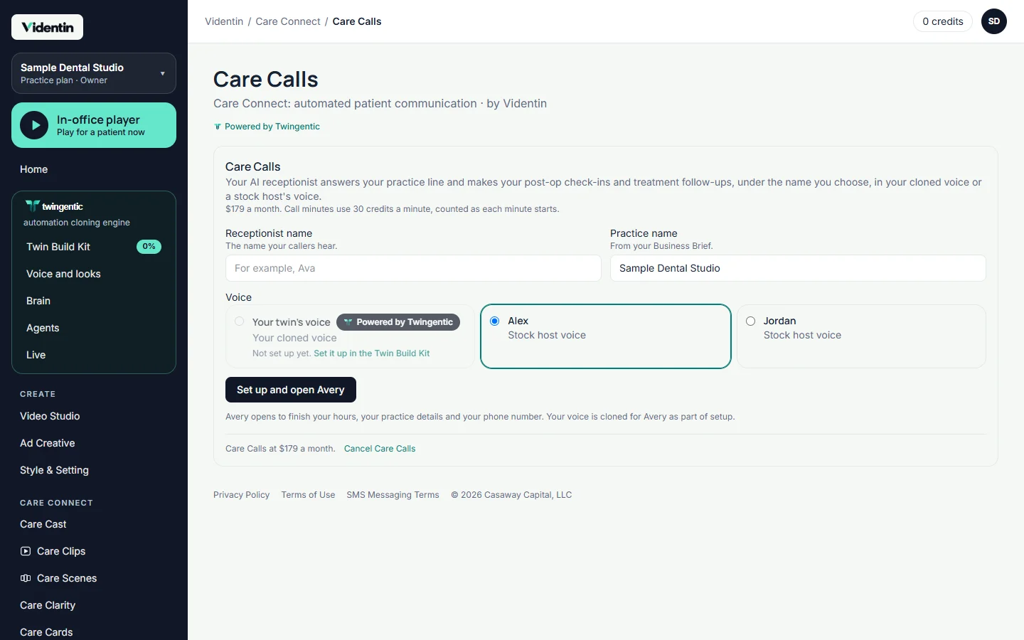 The Care Calls card: receptionist name, voice, status and call types