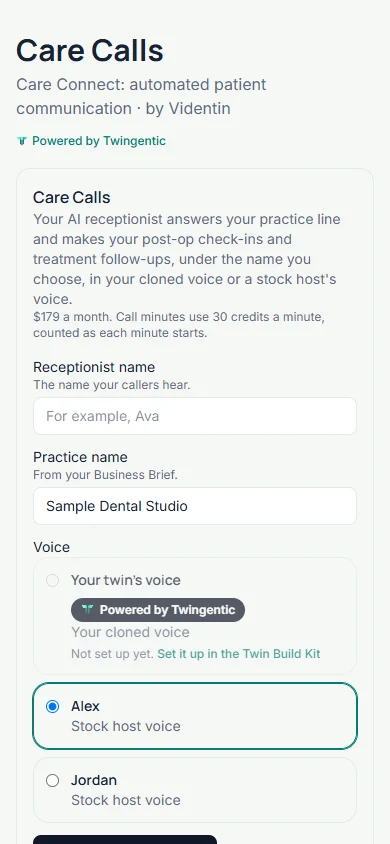 The Care Calls card: receptionist name, voice, status and call types